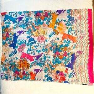 Rare 100% Silk Scarf 73x28” Unique Vibrant Floral Fairy Girls Dancing Falling